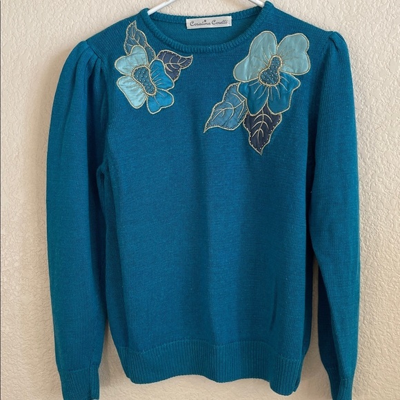 Carolina Corelli Sweaters - Teal Sweater with Floral Embroidery